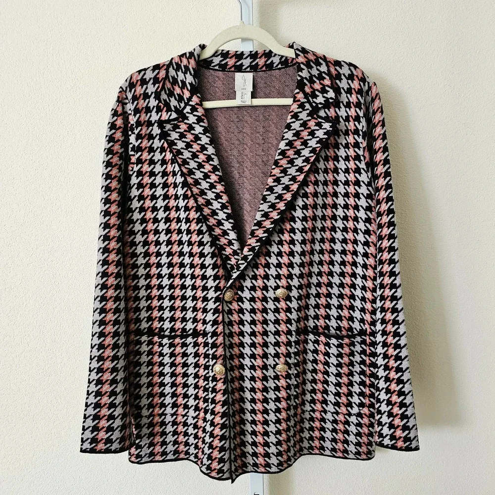 JOIE Women's Double Breasted Houndstooth Multicolored Button Blazer Sz L - Picture 1 of 13